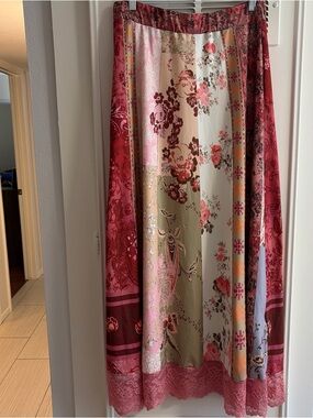 SHEIN Curve Plus 0XL Boho Chic Lace Trim Mixed Pattern A-Line Maxi Skirt Elastic